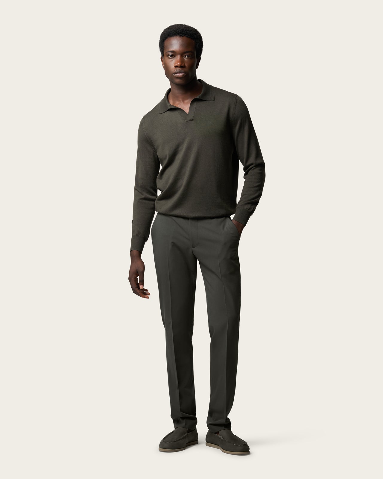 Lightweight Seamless Long Sleeve Polo Shirt Olive Green