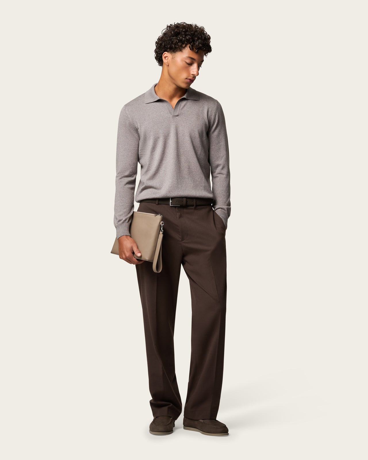 Lightweight Seamless Long Sleeve Polo Shirt Pebble Grey