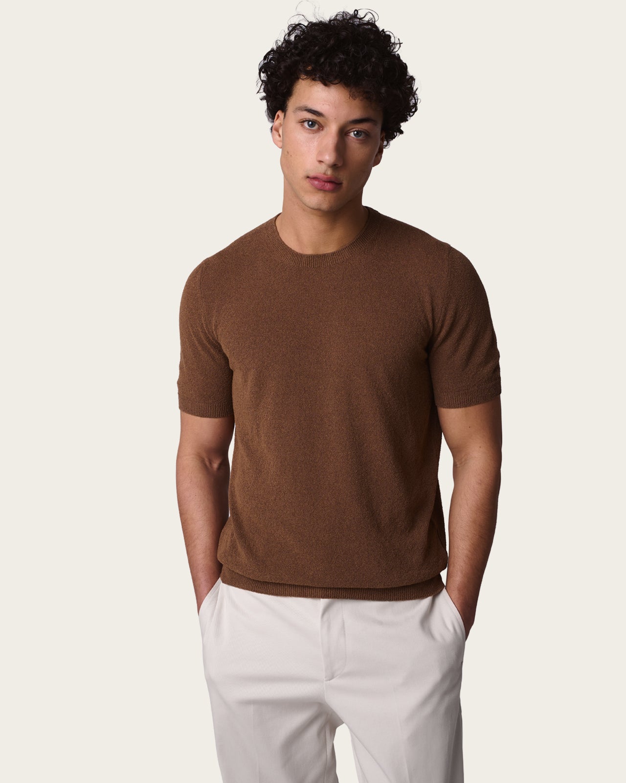 Structured Knitted Short Sleeve Shirt Autumn Brown