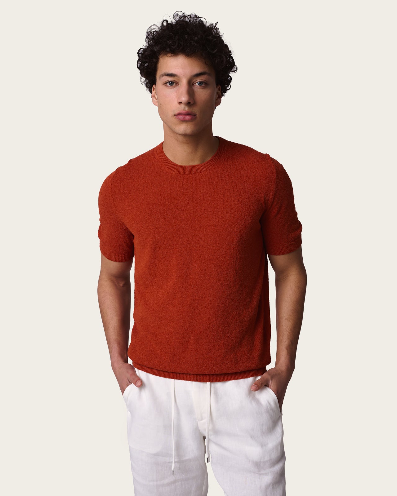 Structured Knitted Short Sleeve Shirt Burnt Orange